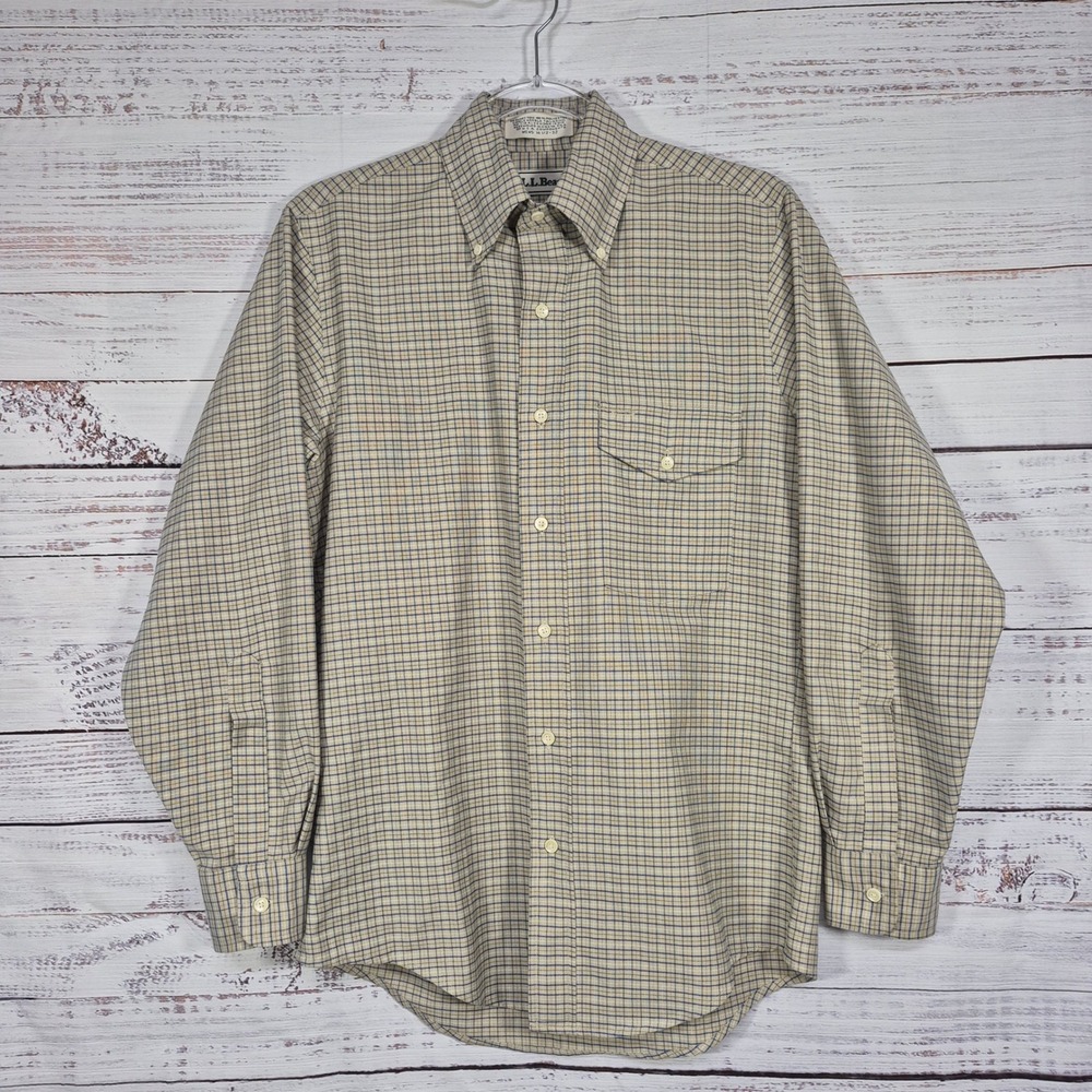 LL Bean Mens Tattersall Check Button Down Shirt Blue Tan 14.5-32 Long Sleeve